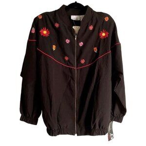 Bonnie Blain Full Zip Light Jacket Black with Embroidered Flowers Large NEW